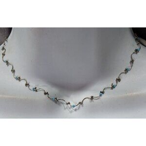 Funky Dainty Silver Wavy Chain Necklace With Blue Beads